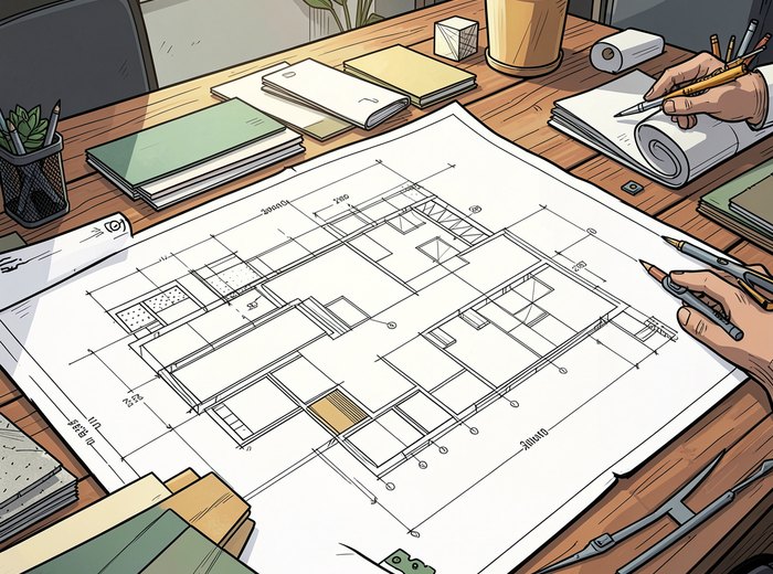 Architectural blueprints and material samples - three decades of crafted real estate excellence by Johnson Real Estate